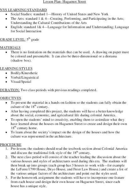 Huguenot Street Lesson Plan