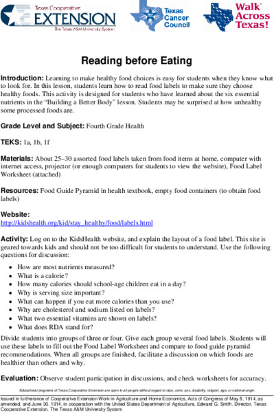 Reading Before Eating Lesson Plan