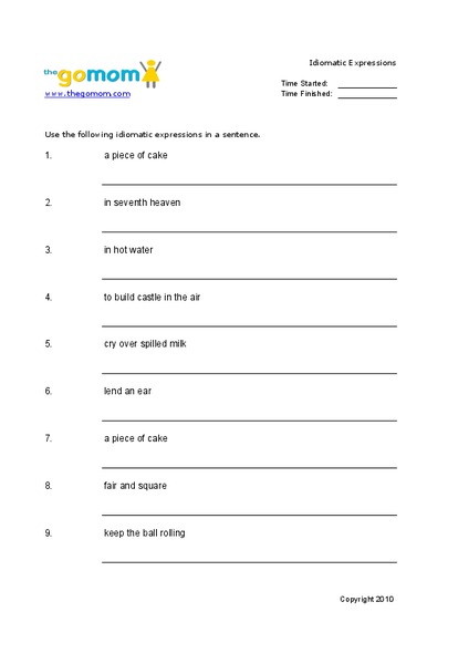 Idiomatic Expressions Worksheet