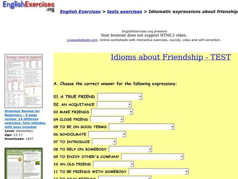 Idiomatic Expressions Worksheet