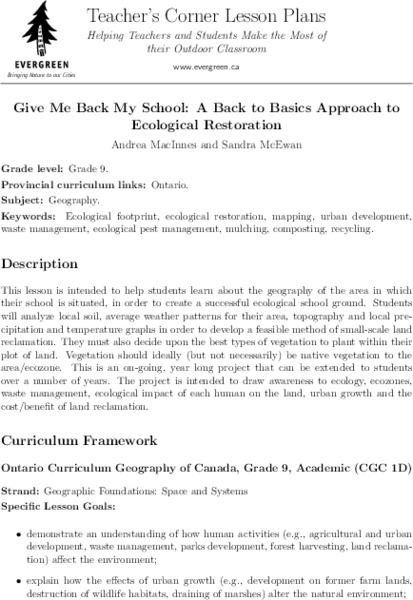 Give Me Back My School: A Back to Basics Approach to Ecological Restoration Lesson Plan