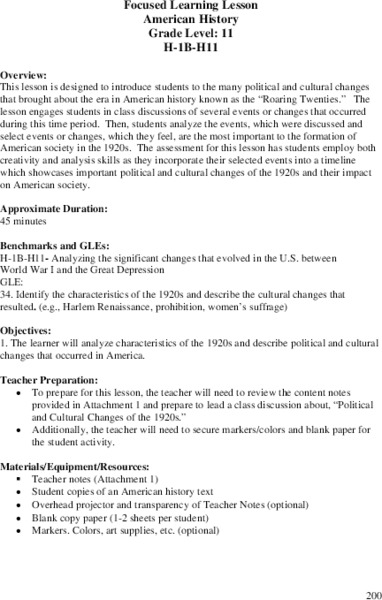 Focused Learning Lesson: American History Lesson Plan