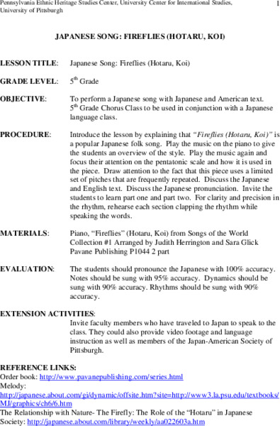 Japanese Song: Fireflies (Hotaru, Koi) Lesson Plan