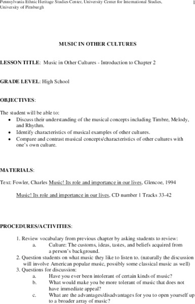 Music in Other Cultures Lesson Plan