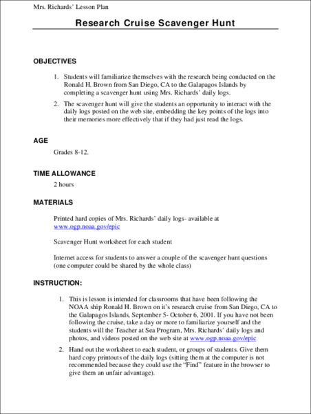 Research Cruise Scavenger Hunt Lesson Plan