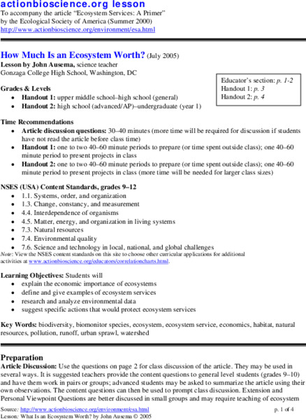 How Much Is An Ecosystem Worth? Lesson Plan