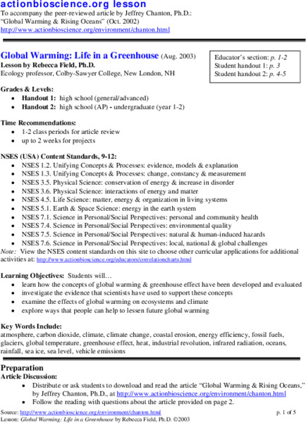 Global Warming: Life in a Greenhouse Lesson Plan