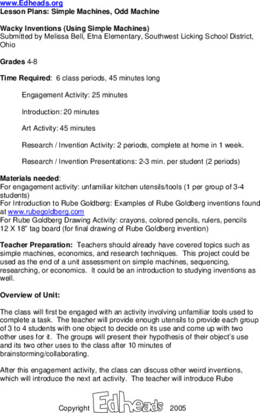 Simple Machines, Odd Machine Lesson Plan