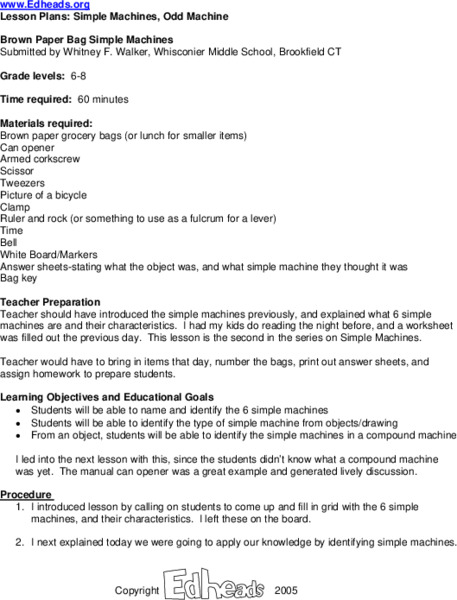Simple Machines, Odd Machine Lesson Plan