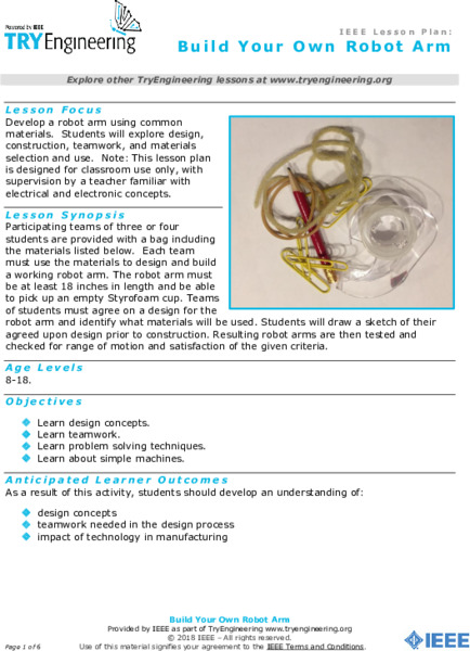 Build Your Own Robot Arm Lesson Plan