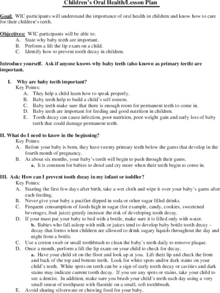 Children's Oral Health Lesson Plan