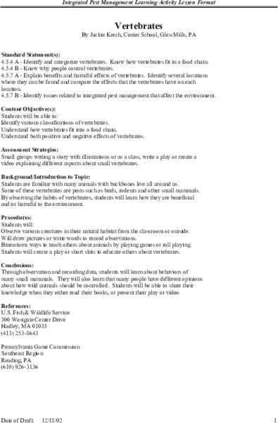 Vertebrates Lesson Plan