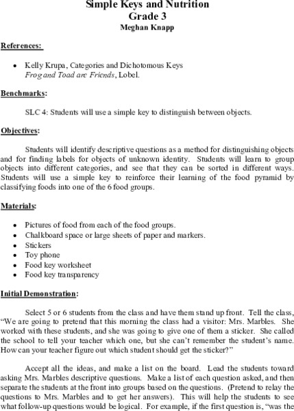 Simple Keys and Nutrition Lesson Plan