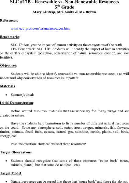 Renewable vs. Non-Renewable Resources Lesson Plan