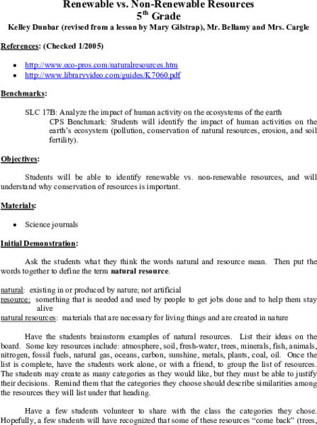 Renewable vs. Non-Renewable Resources Lesson Plan