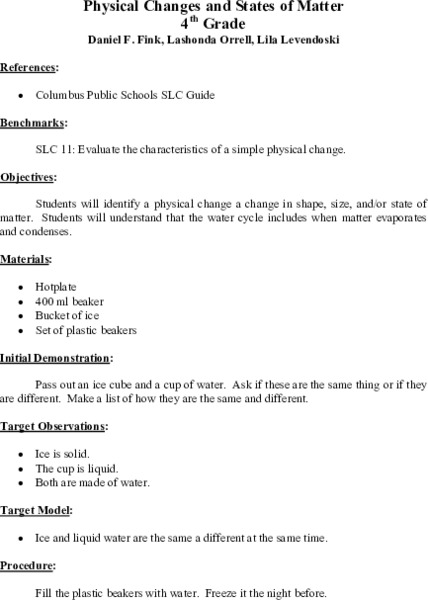 Physical Changes and States of Matter Lesson Plan
