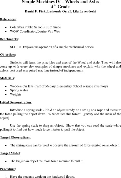Simple Machines IV - Wheels and Axles Lesson Plan