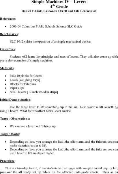 Simple Machines IV - Levers Lesson Plan