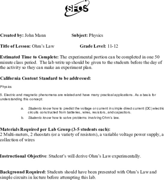 Ohm's Law Lesson Plan