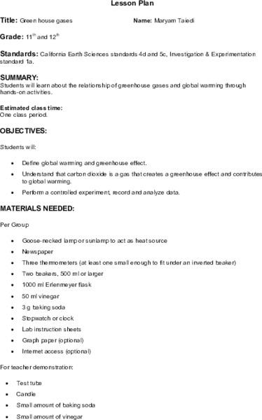 Greenhouse Gases Lesson Plan