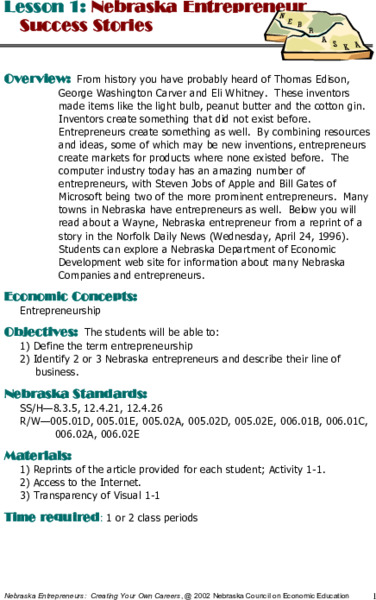 Nebraska Entrepreneur Success Stories Lesson Plan