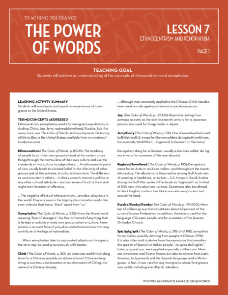 The Power of Words: Ethnocentrism and Xenophobia Lesson Plan