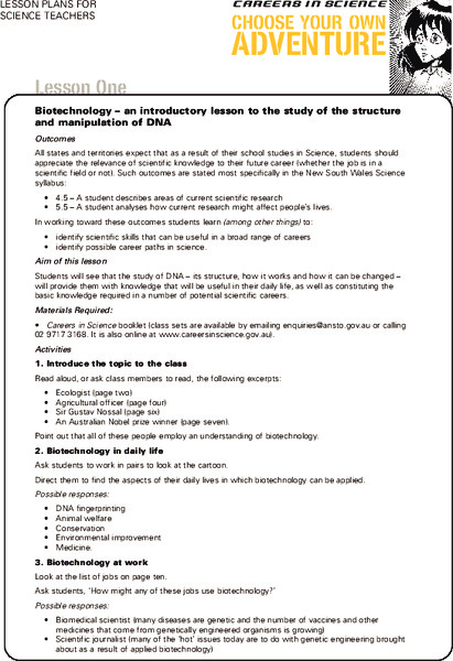 Biotechnology -- An Introductory Lesson to the Study of the Structure and Manipulation of DNA Lesson Plan