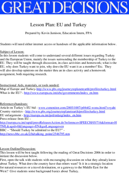 EU and Turkey Lesson Plan
