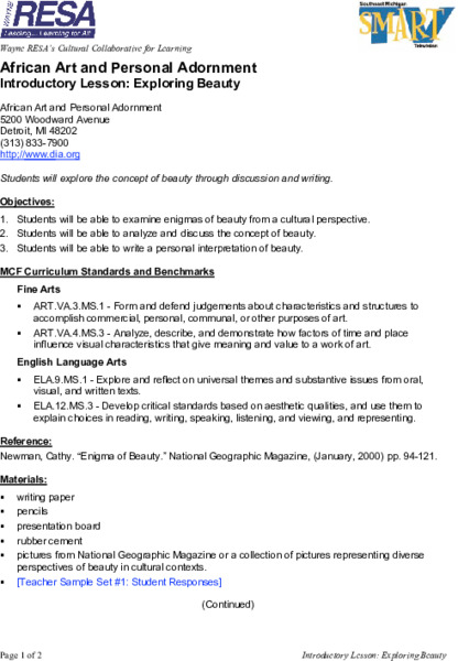 African Art and Personal Adornment: What is Beauty? Lesson Plan