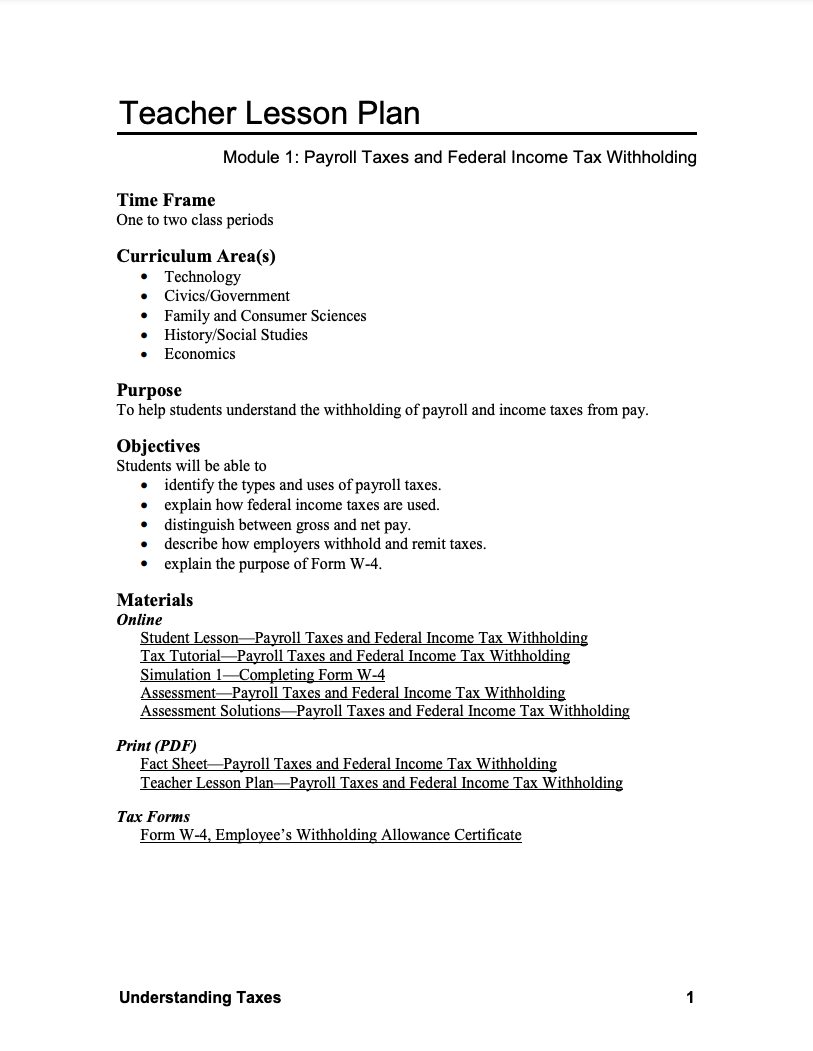 Module 1: Payroll Taxes and Federal Income Tax Withholding Lesson Plan