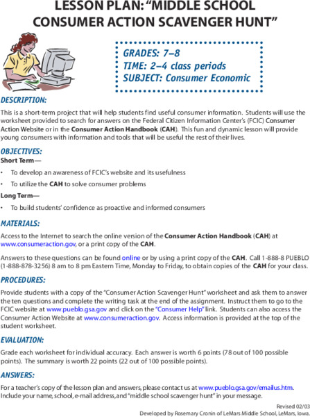 Middle School Consumer Action Scavenger Hunt Lesson Plan