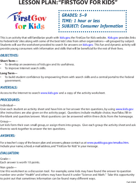 Firstgov for Kids Lesson Plan