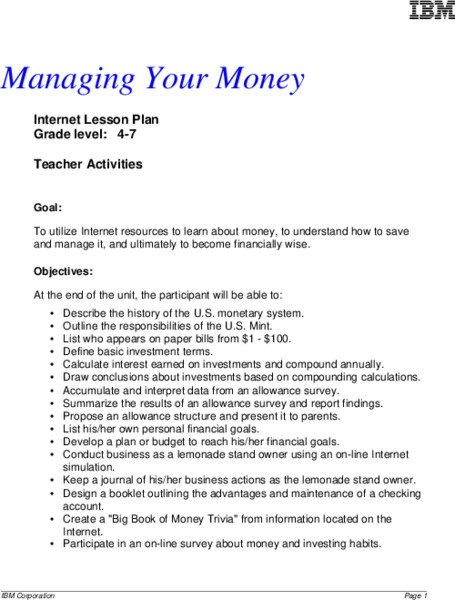 Managing Your Money Lesson Plan