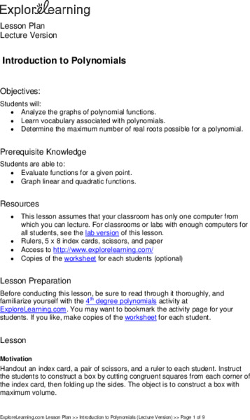 Introduction to Polynomials Lesson Plan
