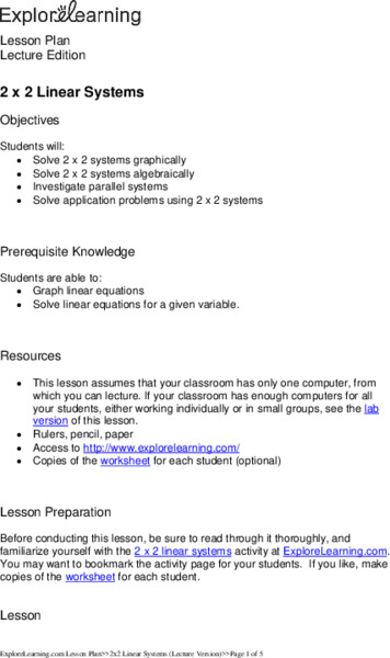 2 X 2 Linear Systems Lesson Plan