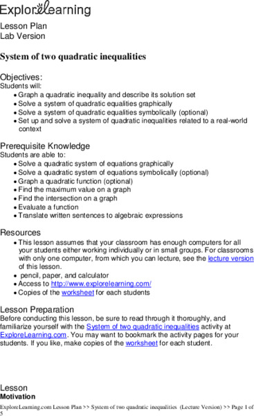 System of Two Quadratic Inequalities Lesson Plan