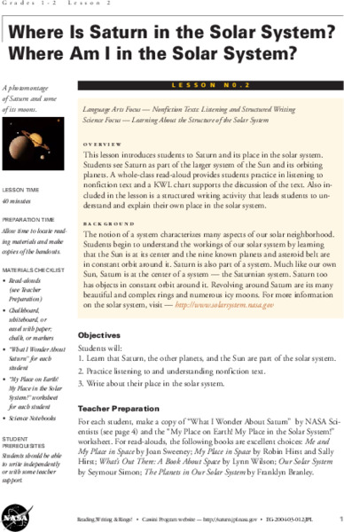 Where Is Saturn in the Solar System? Where Am I in the Solar System? Lesson Plan