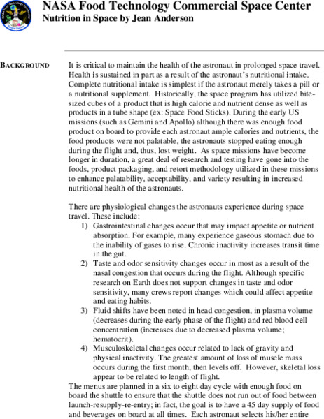 Nutrition in Space Lesson Plan