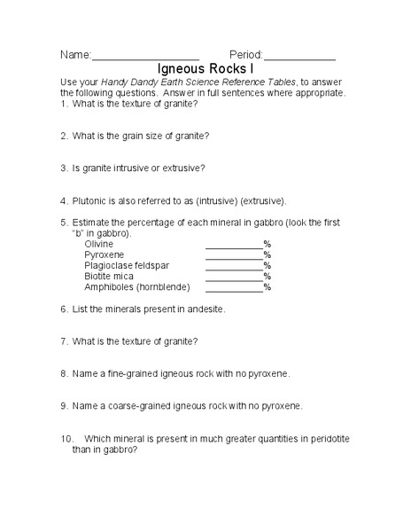 Igneous Rocks Worksheet