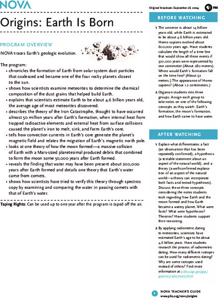 Origins: Earth Is Born Lesson Plan