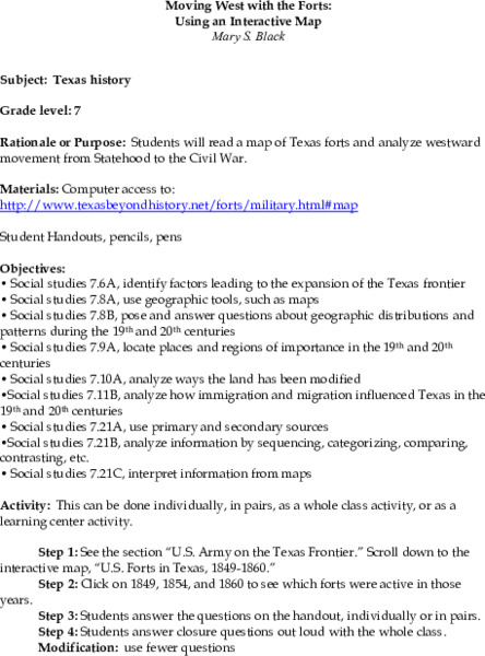 Moving West with the Forts: Using an Interactive Map Lesson Plan