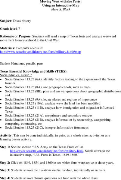 Moving West with the Forts: Using an Interactive Map Lesson Plan