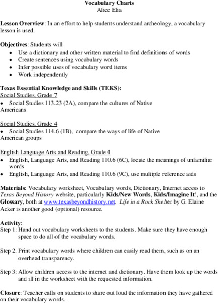 Vocabulary Charts Lesson Plan