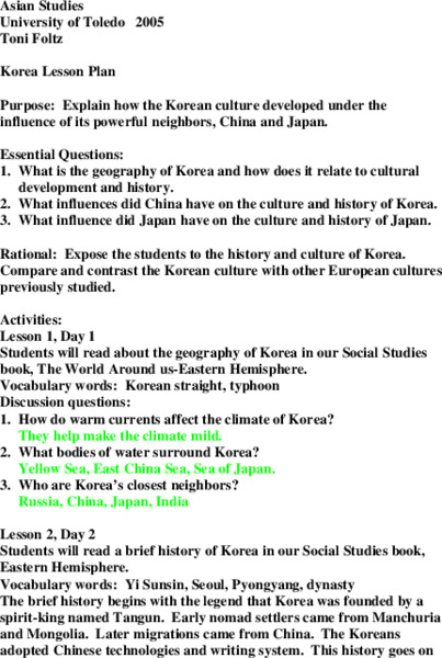 Korea Lesson Plan Lesson Plan