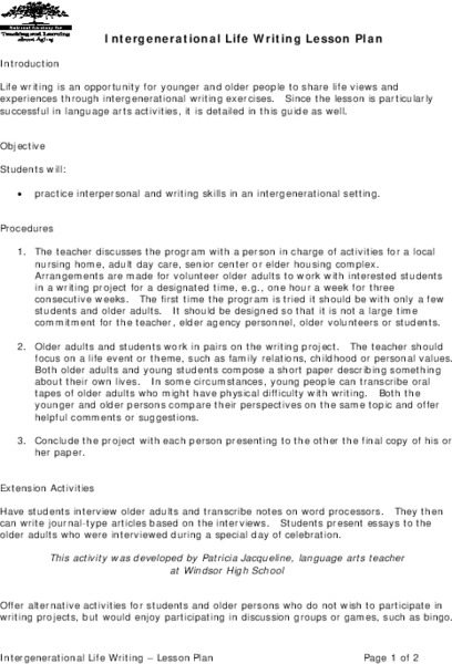 Intergenerational Life Writing Lesson Plan Lesson Plan