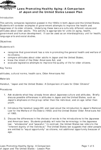 Laws Promoting Healthy Aging: A Comparison of Japan and the United States Lesson Plan Lesson Plan