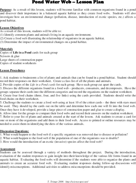 Pond Water Web Lesson Plan