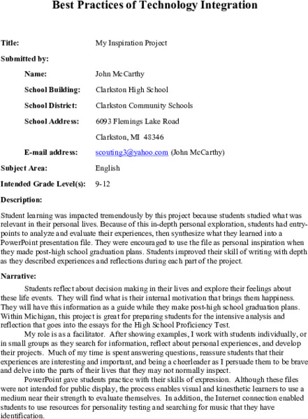 My Inspiration Project Lesson Plan