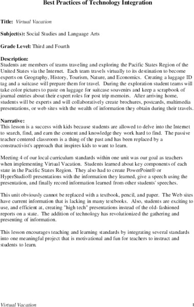 Virtual Vacation Lesson Plan