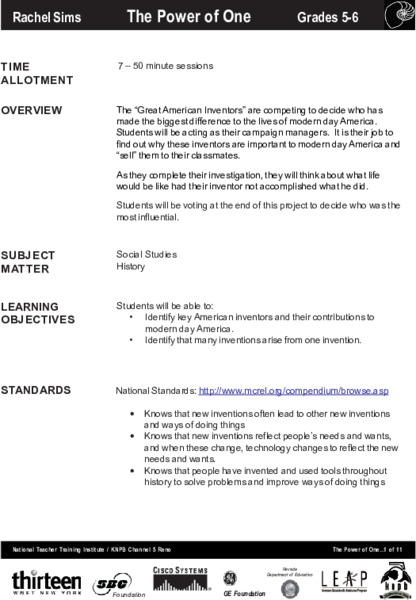 The Power of One Lesson Plan